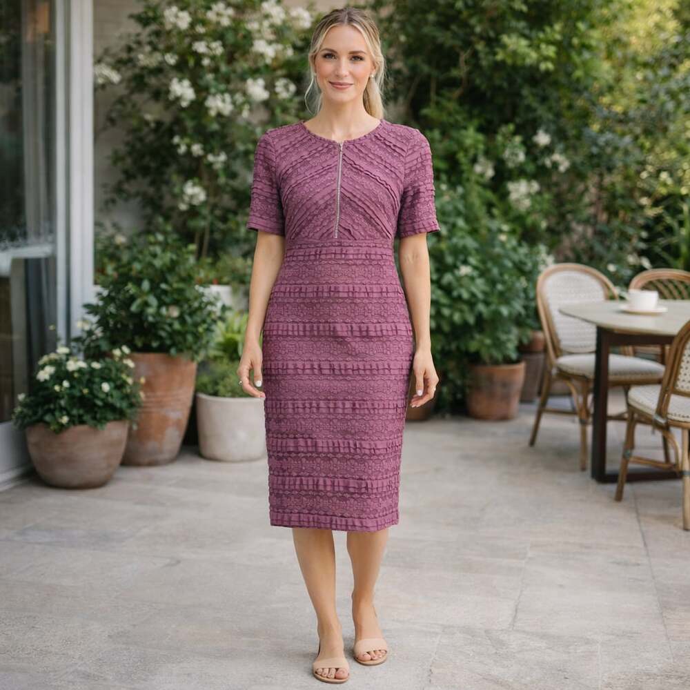 Polagram Plum Textured Lace Midi Sheath Dress Short Sleeve M
